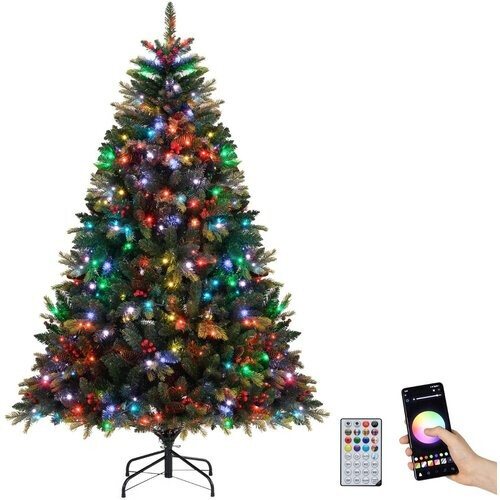 Tweedekans Coast Kunstmatige Kerstboom 180 cm Groen – 118 cm Diameter – 370 RGB APP-gestuurde LED-lampjes – Met Dennenkegels en Rode Bessen Tweedehands