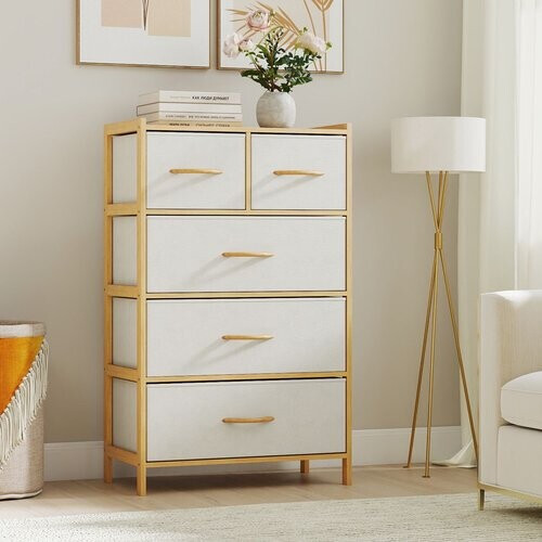 Tweedekans Coast Ladekast Bamboe Naturel – 58 x 30 x 94 cm – Met 5 Opvouwbare Stoffen Lades Tweedehands