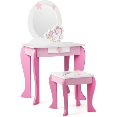 Tweedekans Coast Make-Up Tafel met Spiegel en Lade - Inclusief Krukje - 49,5 x 35,5 x 89 cm - Wit+Roze Tweedehands