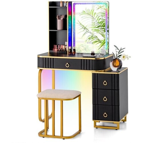 Tweedekans Coast - Kaptafel Make-up Tafel - LED Spiegel, Dimbare Verlichting, Incl. Kruk - 80 x 40 x 137 cm - MDF/Grenen/Metaal - Zwart Tweedehands