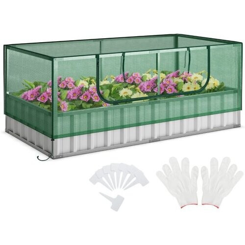 Tweedekans Coast Minikas Groen/Zilver – Verhoogd Tuinbed met Oprolbare Deur, Handschoenen en 8 T-Labels – 174 x 90 x 70 cm Tweedehands