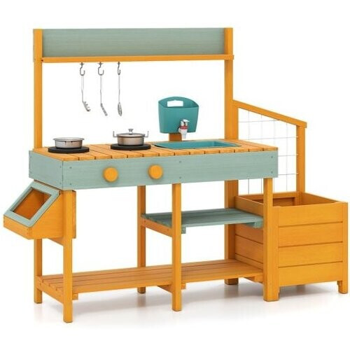 Tweedekans Coast Modderkeuken Geel/Lichtgroen – Houten Kinderkeuken met Waterfunctie, Plantenbak en Klimrek – 115 x 34,5 x 92 cm Tweedehands