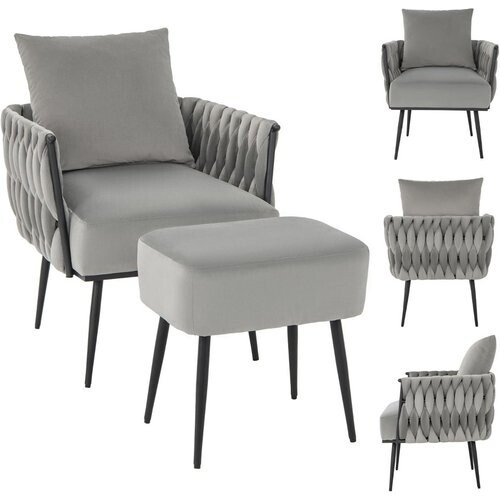 Tweedekans coast Moderne Nederlandse Fluwelen Bijzetstoel en Voetenbank Set – Grijs – 66x65x80 cm | 46x35x45,5 cm Tweedehands