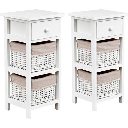 Tweedekans Coast Nachtkastje met Lade en 2 Opbergmanden Bijzettafel Rieten Dressoir Wit Tweedehands