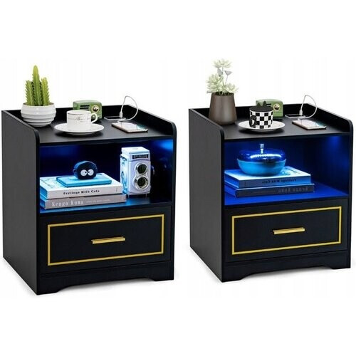 Tweedekans Coast Nachtkastje met LED-verlichting en laadstation - 2 stuks - 40 x 45 x 50 cm - Zwart Tweedehands