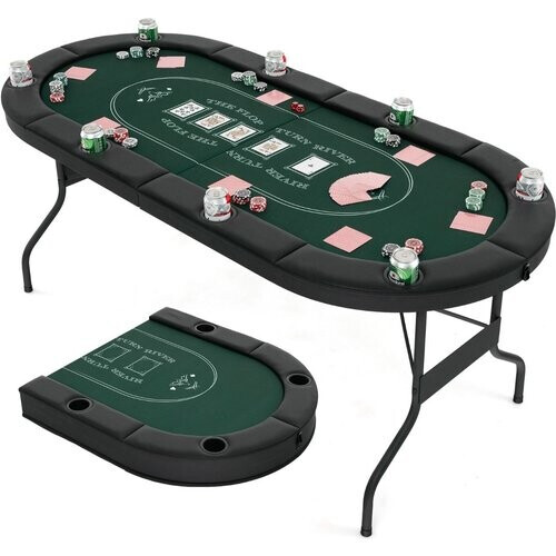 Tweedekans Coast Opvouwbare Pokertafel - 182x82x75 cm – Voor 8 Spelers – Zwart/Groen – Inklapbare Casinotafel met Bekerhouders en Gewatteerde Armsteun Tweedehands