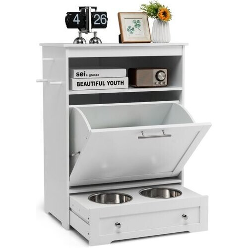 Tweedekans Coast Pet Station gemaakt van hout om te voeden en water met roestvrijstalen kom en hangend wit Tweedehands