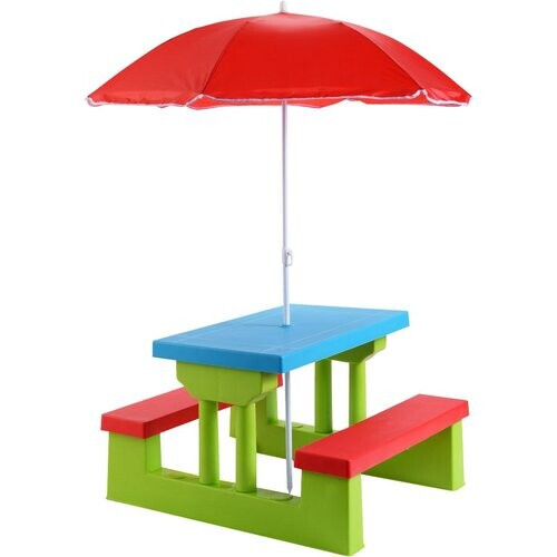 Tweedekans Coast Picknicktafel voor Kinderen - Met Parasol - 2 Banken - Max. 50 kg - 67 x 41 x 47 cm - Rood / Blauw / Groen Tweedehands