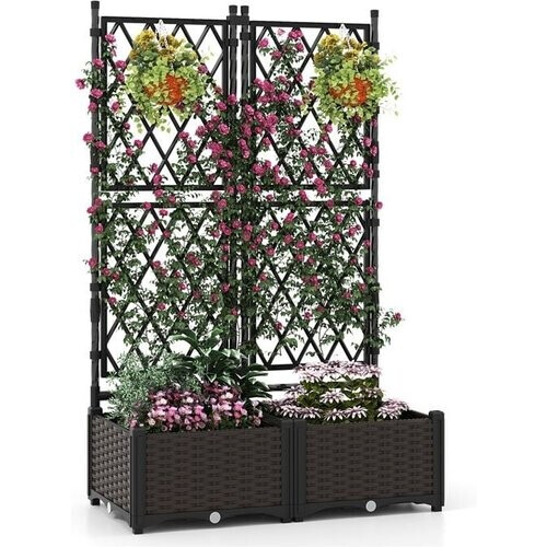 Tweedekans Coast Plantenbak met Klimrek 80 × 40 × 126 cm – Zwart – Verhoogde Bloembak met Zelfbewateringssysteem Tweedehands