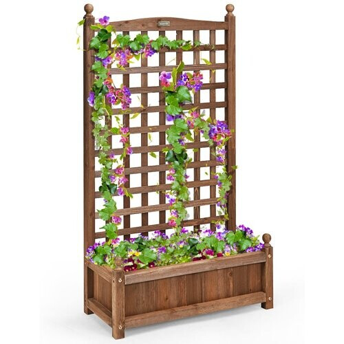 Tweedekans Coast Plantenbak met Klimrek - ruime bloembak - massief dennenhout - donkerbruin - 64,5 x 28 x 120 cm Tweedehands