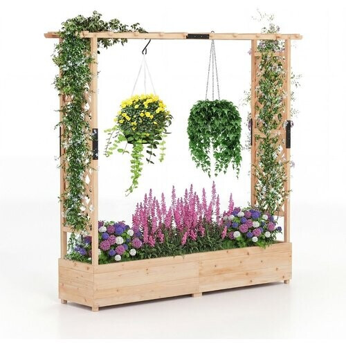 Tweedekans Coast Plantenbak met klimrek - verhoogde plantenbak - hangend dak - naturel hout - 196 x 44 x 182 cm Tweedehands