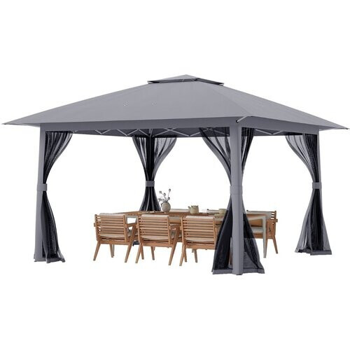 Tweedekans Coast Pop-up Paviljoen 394x394 cm Grijs – Opvouwbare Luifeltent met Dubbel Dak, Klamboe en Draagtas Tweedehands