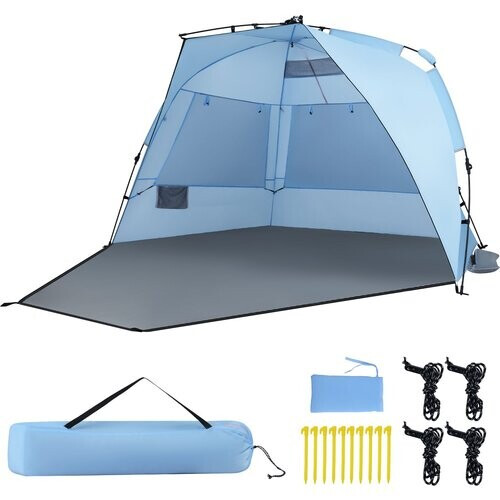 Tweedekans Coast Pop-up Strandtent 3-4 Personen - Grijs/Blauw - 278 x 140 x 142 cm - Incl. Draagtas, Haringen en Zandzakken Tweedehands