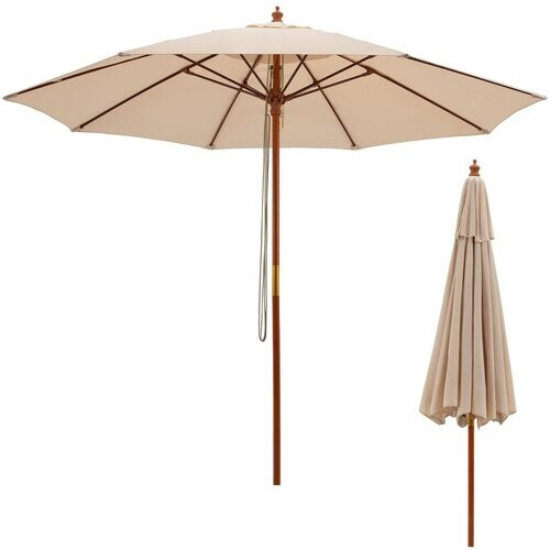 Tweedekans Coast Ronde Terrasparaplu Beige Ø283 x 252,5 cm – Houten Marktparaplu met 8 Glasvezelribben Tweedehands