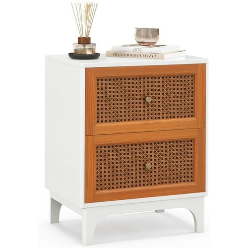 Tweedekans Coast Rotan Nachtkastje Boho Wit & Bruin 46x33x59,5 cm met 2 Handgeweven Lades Tweedehands