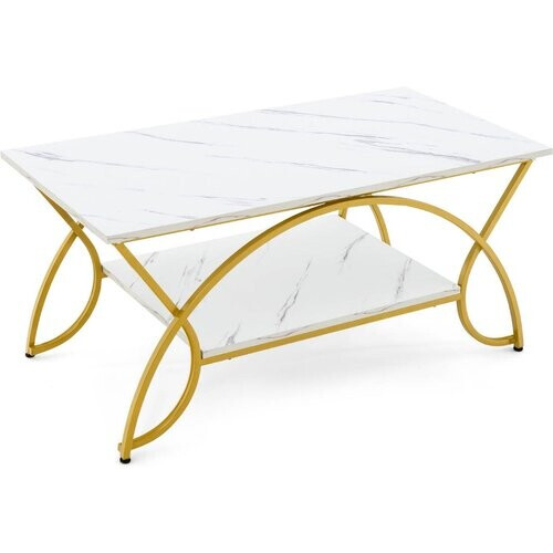 Tweedekans Coast Salontafe; Marmeren Look Modern - 100 x 50 x 45 cm - Wit En Goud Tweedehands