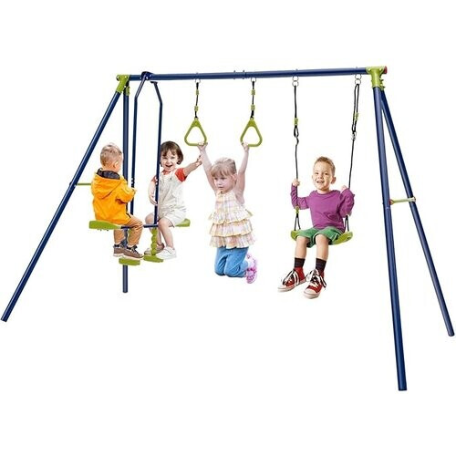 Tweedekans Coast Schommelset Kind – 3-in-1 met Wip & Gymringen – max. 200 kg – 278 x 142 x 177 cm – Blauw/Groen Tweedehands