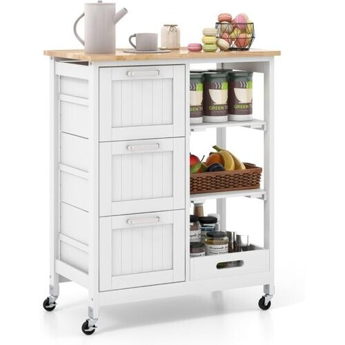 Tweedekans Coast Serveerwagen met Wielen - 3 Laden - Rubberhouten Blad - 67 x 37 x 83,5 cm - Wit Tweedehands