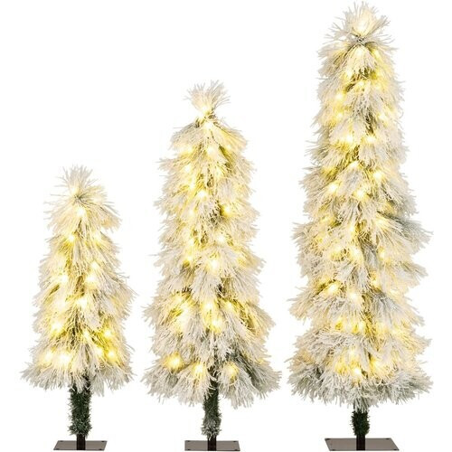 Tweedekans Coast set van 3 kunstkerstbomen 90 / 120 / 150 cm – slank design – met warmwitte ledlampjes – groen met sneeuwaccenten Tweedehands