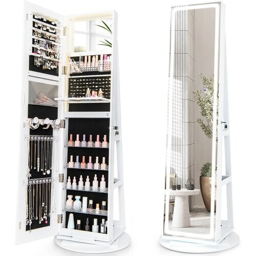 Tweedekans Coast Sieradenkast met Spiegel - 360° Draaibaar - 54.5 x 54.5 x 160 cm - Wit Tweedehands