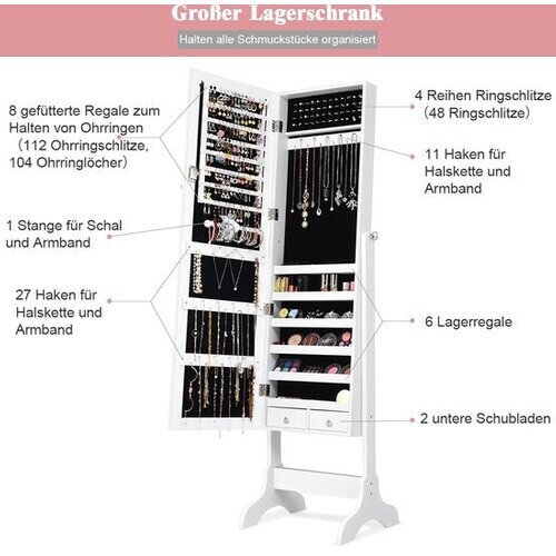 Tweedekans Coast Sieradenkast Sluitbare Chmuck Spiegelkast met spiegel 46 x 37 x 156 cm wit Tweedehands