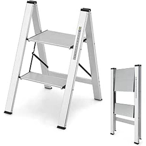 Tweedekans Coast Step Ladder 2 Stappen Verblijf Ladder Aluminium Vouwladder tot 150 kg zilver Tweedehands