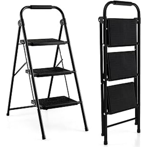 Tweedekans Coast Step Ladder met 3 niveaus opvouwbare klimhulp met niet -slip stappen 64 x 39 x 90 cm zwart