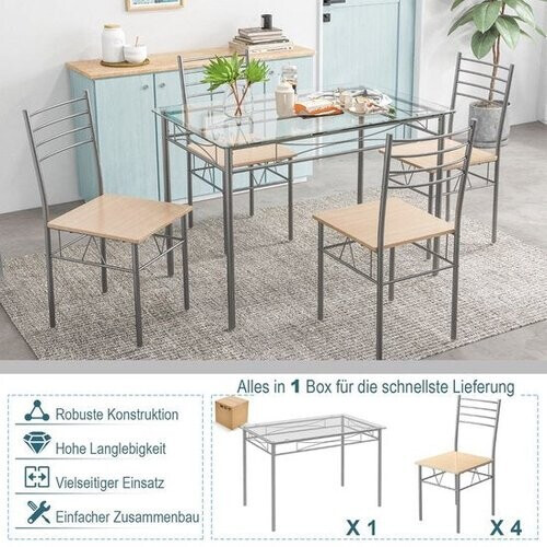 Tweedekans Coast Tafel met 4 stoelen - Glazen blad - Max. 20 kg - Grijs / Bruin Tweedehands