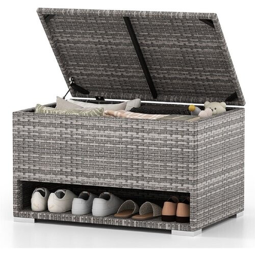 Tweedekans Coast Tuinbox met Schoenenrek Polyrattan Kussenbox - 186L - Weerbestendig met Beschermvoering en Deksel - Grijs - 95 x 60 x 58 cm Tweedehands