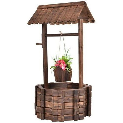 Tweedekans Coast Tuinfontein met Houten Put, Emmer en Bloempot met Dak – Rustiek Design – 43 x 39 x 72 cm – Bruin Tweedehands