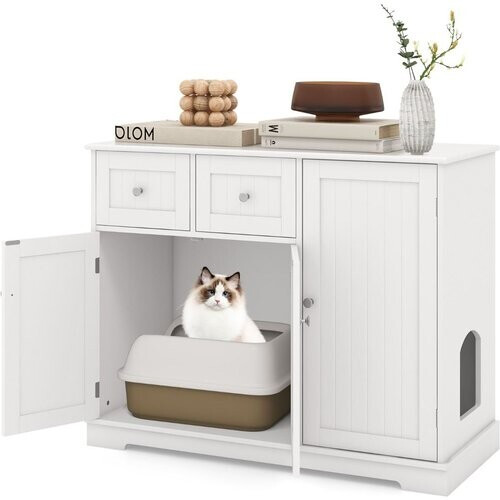 Tweedekans Coast Verborgen Kattenbakkast - wit - 100 x 45 x 80 cm - Houten kattenmeubel met opbergruimte en lades Tweedehands
