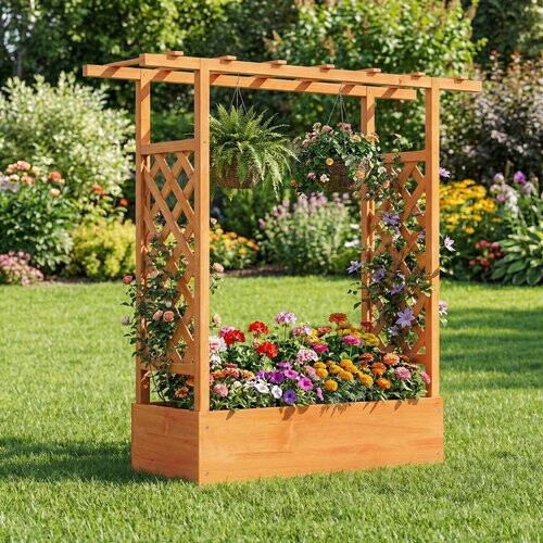 Tweedekans Coast Verhoogde Houten Plantenbak - Latwerk en Hangend Dak - Afwateringsgaten - Naturel/Oranje - 110 x 35 x 114 cm Tweedehands