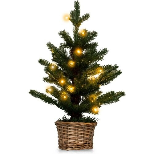 Tweedekans Coast Verlichte Kunstmatige Minikerstboom in Pot – 48 cm Hoog – Groen/Natuur – 96 Takuiteinden – 20 Warmwitte LED Lampjes – Timer – Rieten Pot Tweedehands