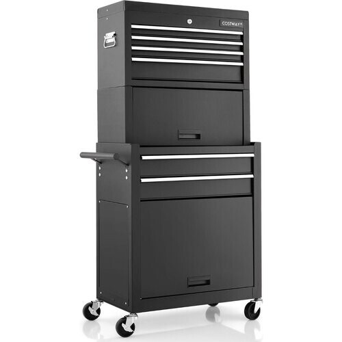 Tweedekans Coast Werkplaatskarretje met Laden en Afneembare Gereedschapskist, Zwart, 61,5 x 33 x 132 cm, Rollende Afsluitbare Opbergoplossing Tweedehands