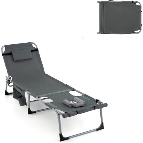 Tweedekans Coast Zonneligstoel 193x60x34 cm Grijs met Gezichtsopening, Verstelbare Rugleuning en Voetensteun, Opvouwbaar met Afneembaar Kussen en Zijzakken Tweedehands