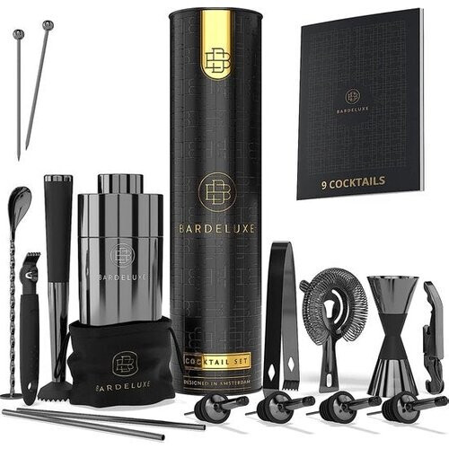 Tweedekans Cocktailset, 17-delig, barkeeperset, cocktailmixerset, 750 ml cocktailshaker roestvrij staal, cocktailshakerset, bartender set, luxe cocktailcadeauset, tas & receptenboek (zwart) Tweedehands