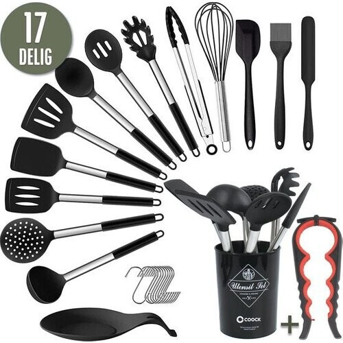 Tweedekans COOCK Keukengerei Set met Houder XL - Kookgerei Set 17 delig - Siliconen - BPA-Vrij & Plastic Vrij - Ophangbaar - Incl. Opener Tweedehands