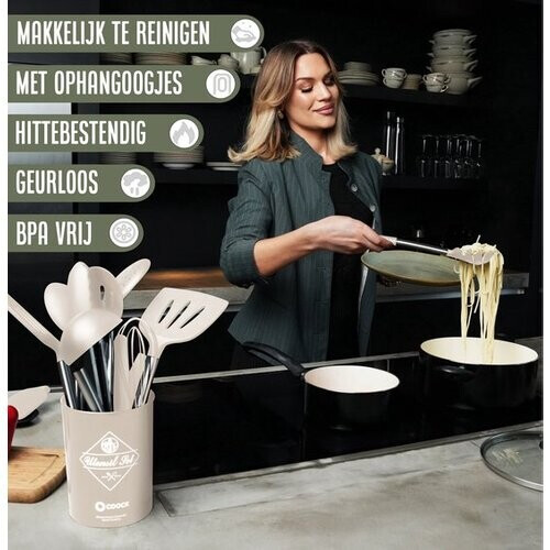 Tweedekans COOCK Siliconen Keukengerei Set met Houder XL - Kookgerei Set 26 delig - BPA-Vrij & Plastic Vrij - Ophangbaar - Incl. Opener - Beige Tweedehands