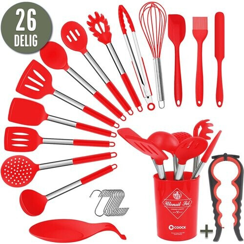 Tweedekans COOCK Siliconen Keukengerei Set met Houder XL - Kookgerei Set 26 delig - BPA-Vrij & Plastic Vrij - Ophangbaar - Incl. Opener - Rood Tweedehands