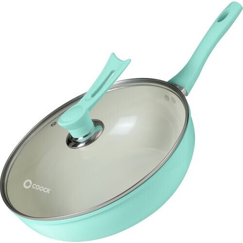 Tweedekans COOCK Wokpan Inductie 32cm - Speciale Anti-Aanbak Coating - Roerbakpan met deksel - Gerecycled Aluminium - Turquoise - Inclusief E-book Tweedehands