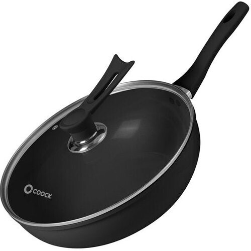 Tweedekans COOCK Wokpan Inductie 32cm - Speciale Anti-Aanbak Coating - Roerbakpan met deksel - Gerecycled Aluminium - Zwart - Inclusief E-book Tweedehands