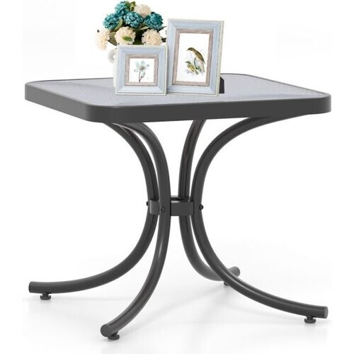 Tweedekans Costway Tuintafel – Gehard Glas & Metalen Frame – 50 x 50 x 45 cm – Zwart Tweedehands