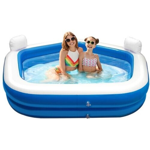 Tweedekans Creative Kids Vijfhoekig Familiezwembad - Opblaasbaar - 2 Loungestoelen - 213 x 206 x 60 cm - Drankjeshouders - Hoofdsteunen Tweedehands