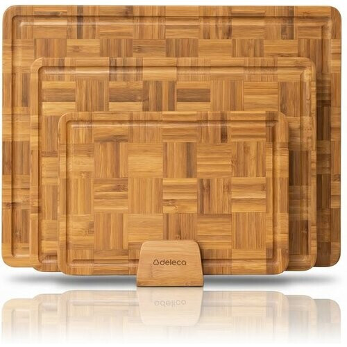 Tweedekans Deleca 3-delige Snijplankenset Bali met Houder - Snijplanken (40x30 | 33x24 | 26x18 cm) - Voor Japandi Keuken - Serveerplank, Kaasplank, Borrelplank, Snijplank en Tapasplank - Gecarboniseerd FSC Bamboe Tweedehands