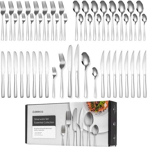 Tweedekans Deleca 8 Persoons Bestekset Essential (48-delig) - Lepels, Messen, Vorken, Steakmessen & Gebaksvorkjes - Vaatwasserbestendig Bestek - Glanzend Zilver / Edelstaal Tweedehands