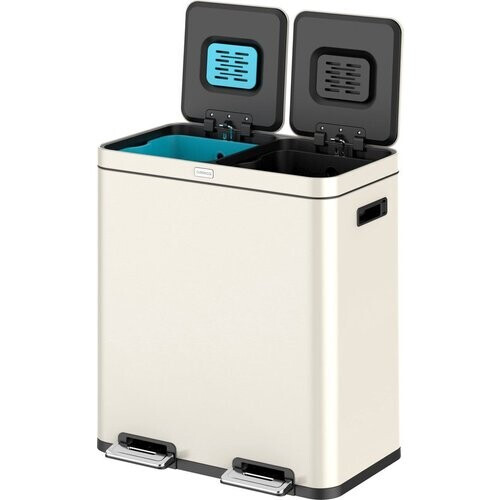 Tweedekans Deleca Recycle Prullenbak met 2 Vakken - 60 Liter (2x30) Afvalbak - Afvalscheiding / Statiegeld container / Pedaalemmer - Vuilnisbak met FreshAura Geurbestrijding - Slow Close - RVS Crème Wit Tweedehands