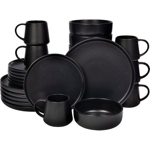 Tweedekans Deleca Serviesset 6 Persoons Kyoto - Koffiekopjes met oor / Schaaltjes / Grote Borden en Kleine Bordenset - Japandi stijl - Massief Aardewerk - Mat Zwart / 24-delig Tweedehands