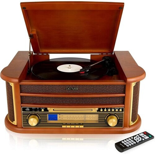 Tweedekans Denver Retro Platenspeler - Ingebouwde Speakers en Versterker - Radio CD Speler - MCR50 -Hout Tweedehands