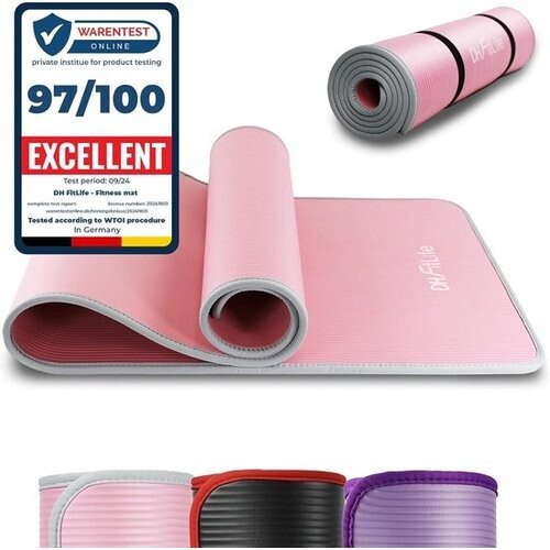 Tweedekans DH FitLife Trainingsmat, fitnessmat, sportmat, 183 x 61 x 1 cm, extra scheurvast, yogamat, antislip en dik, trainingsmat (roze) Tweedehands