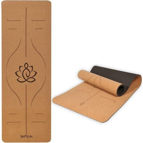 Tweedekans DH FitLife Yogamat van kurk & TPE, mat 183 x 61 x 0,6 cm, fitnessmat, antislip en milieuvriendelijk, sportmat van nature zelfreinigend, yogamat met oriëntatielijnen (grote lotos) Tweedehands